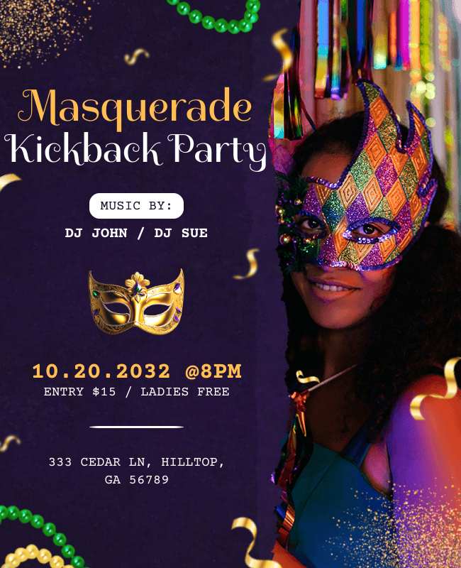 Elegant masked party flyer with mysterious designs and bold, eye-catching details