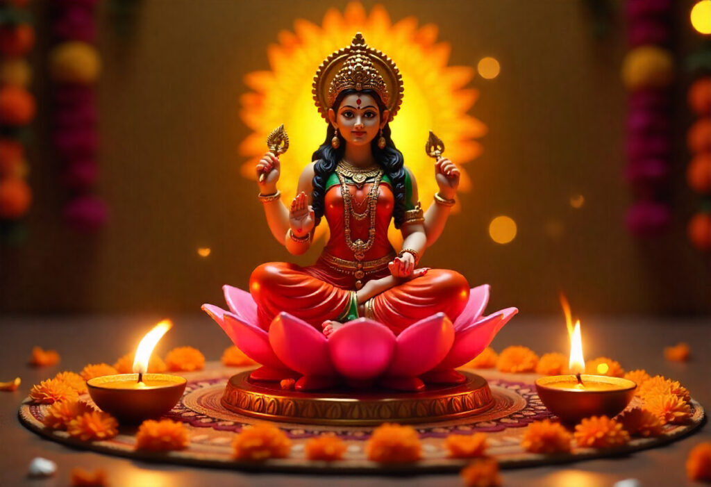Goddess Lakshmi Idol With Diyas