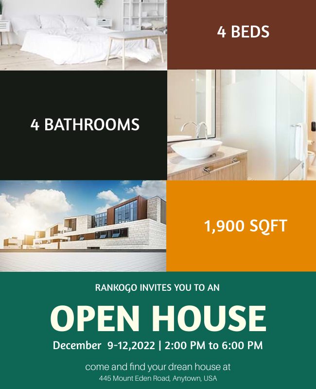  Real estate open house flyer featuring a premium property with visuals, pricing, and contact details