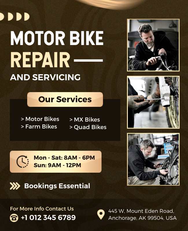 Flyer promoting motorcycle repair and maintenance services with contact information.