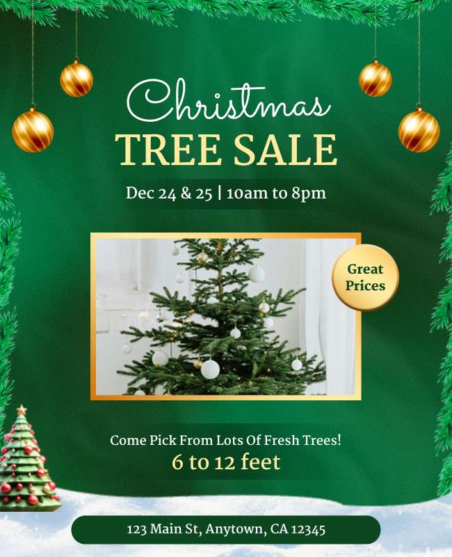 Elegant Christmas flyer with gold and white tones, featuring opulent trees and refined fonts.