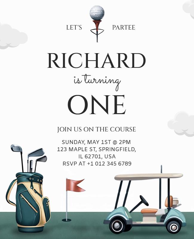 Golf-themed 1st birthday invitation flyer featuring a golf cart, clubs, and playful text