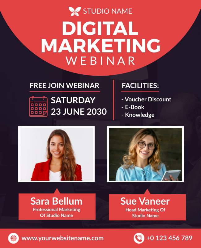 Digital marketing webinar flyer with modern design, bold typography, and engaging visuals