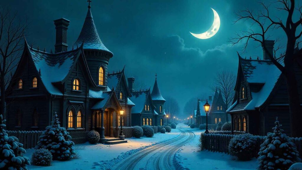 Gothic Christmas Town At Night Wallpaper