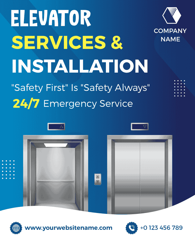 Elevator installation flyer with a sleek gradient blue design.