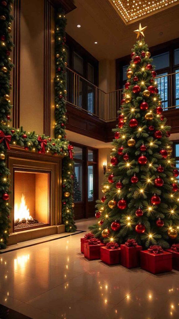 Grand Hotel Lobby Christmas Hearth Background