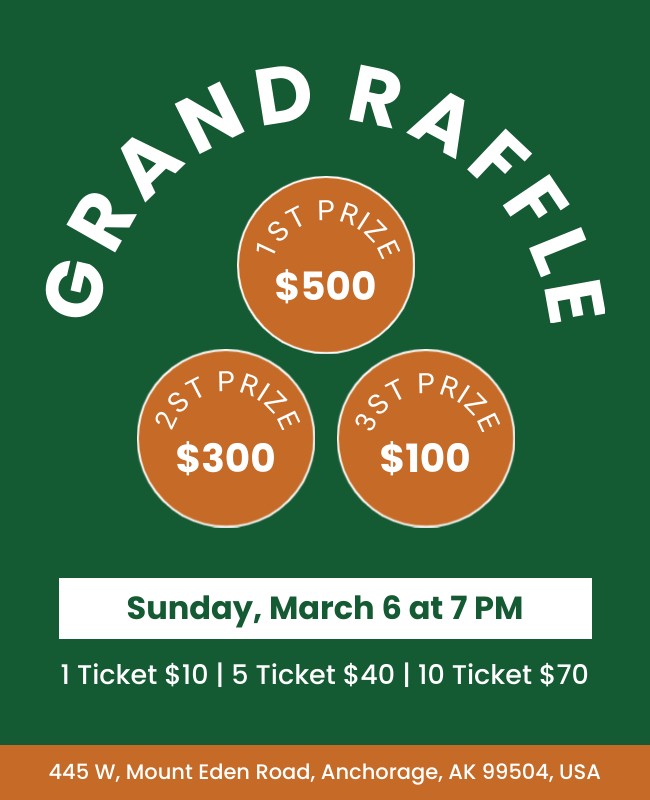 50-50 raffle flyer with event date, time, and location details for attendees