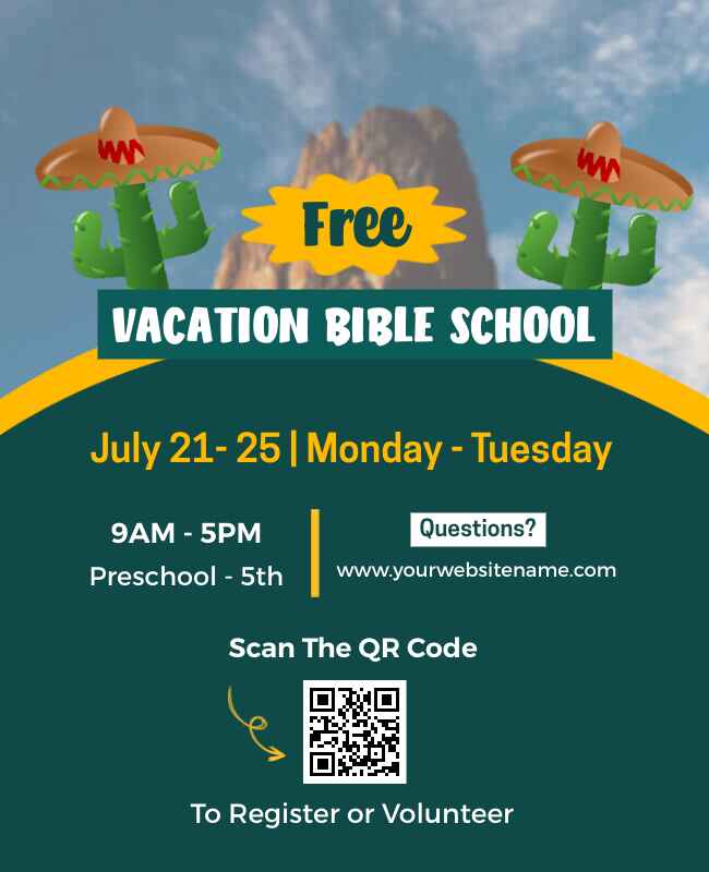 Green and yellow abstract VBS flyer with modern design elements.