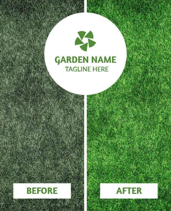 Side-by-side images of a before and after professional lawn care flyers, highlighting the transformation with vibrant green grass