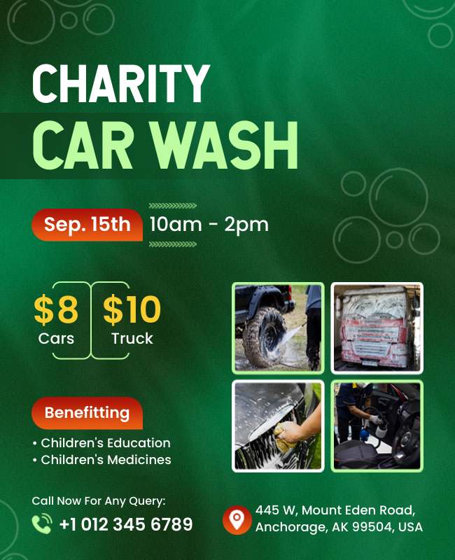 Charity car wash flyer with visuals of cars being washed, event details, and cause information.