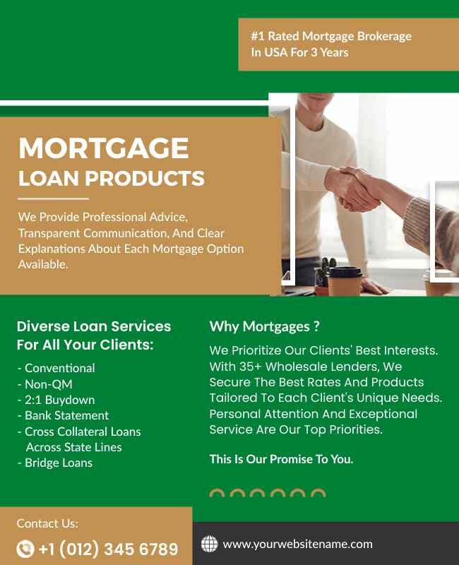 Green mortgage loan flyer highlighting a professional design.