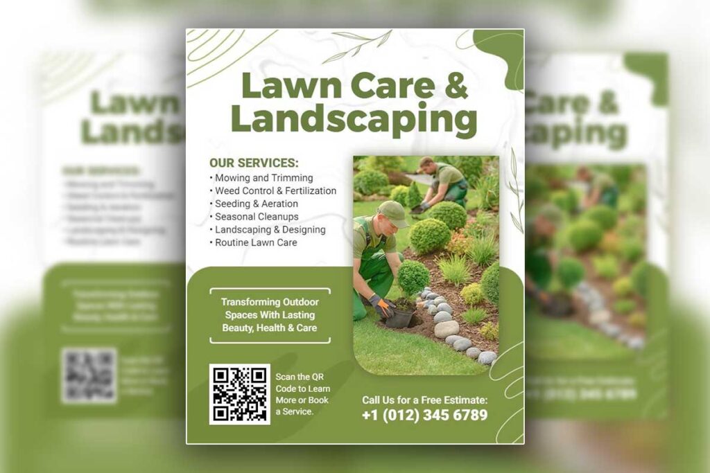 Green Ornamental Lawn Care And Landscaping Services Flyer Template