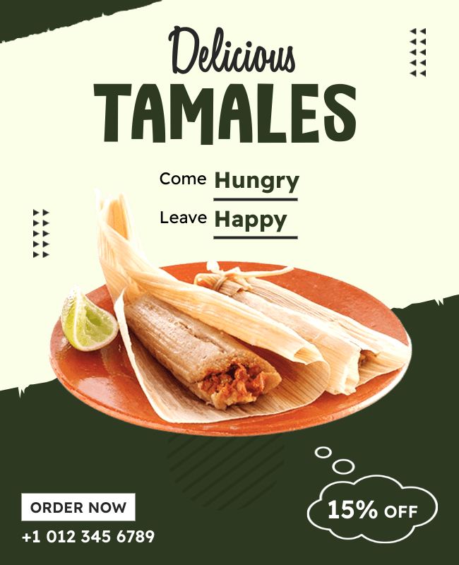 Tamales flyer with appetizing images and a 15% discount offer