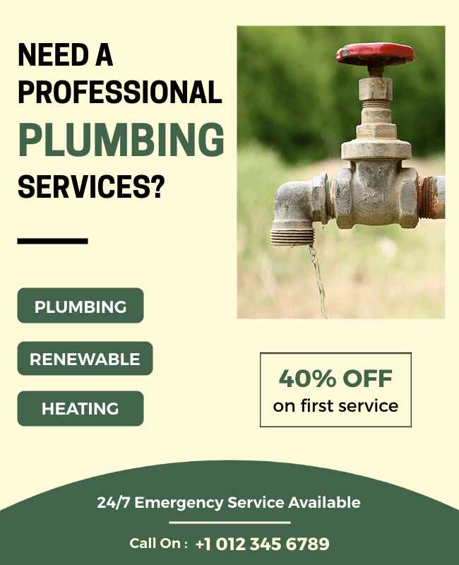 Clean flyer advertising professional plumbing services.