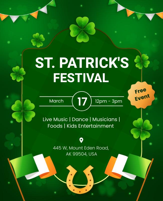 Eco-friendly St. Patrick's Day flyer with leafy patterns and nature-themed illustrations, perfect for outdoor events