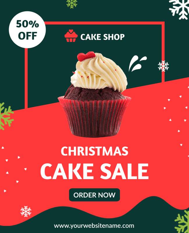 Christmas flyer featuring a red and green cake sale promotion.