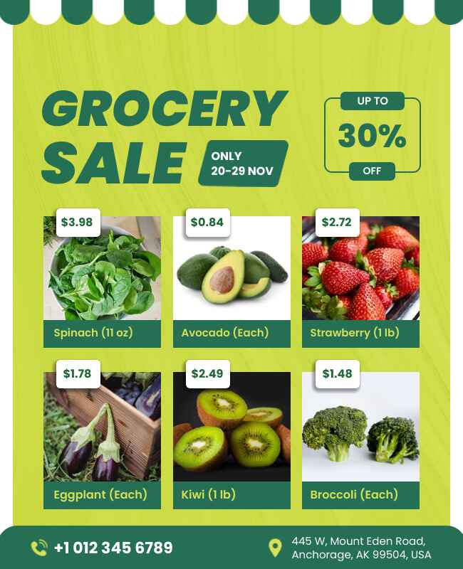 Green supermarket flyer with fresh visuals and special offers.