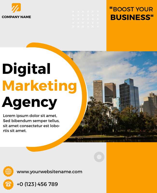 Digital marketing flyer with a bold grey and orange color scheme.