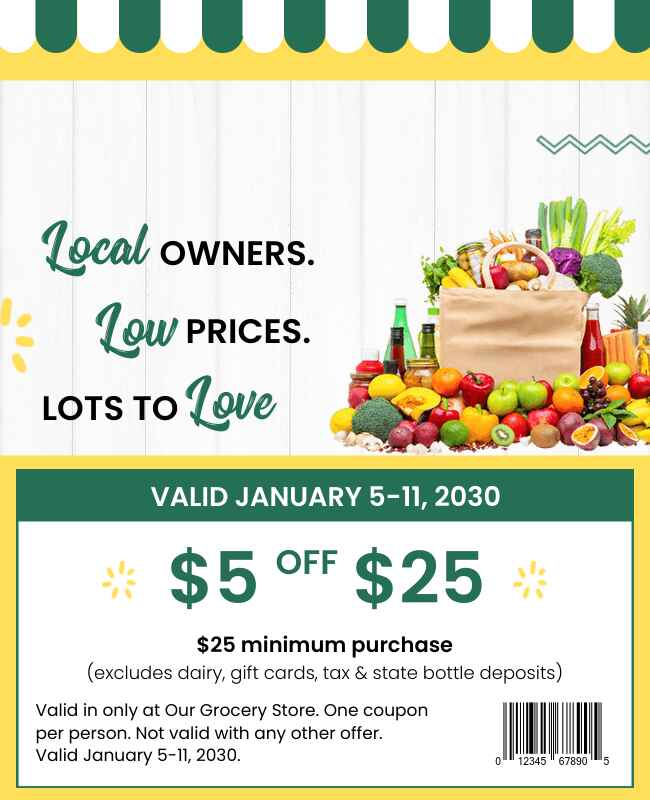 Grocery coupon flyer with vibrant colors, product images, and savings information.