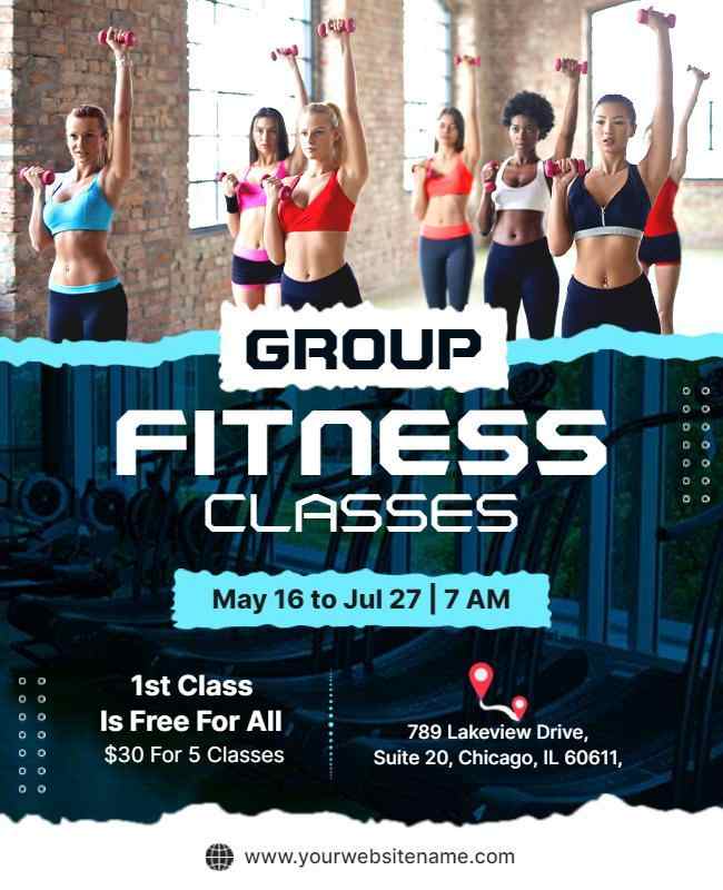 Group fitness class flyer showcasing a fun and energetic workout session with multiple participants