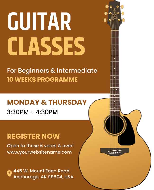 Guitar class flyer with a creative design and musical elements.