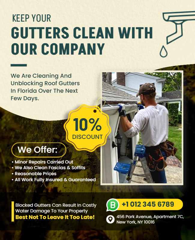 Seasonal discount flyer promoting gutter cleaning services with a 10% off offer