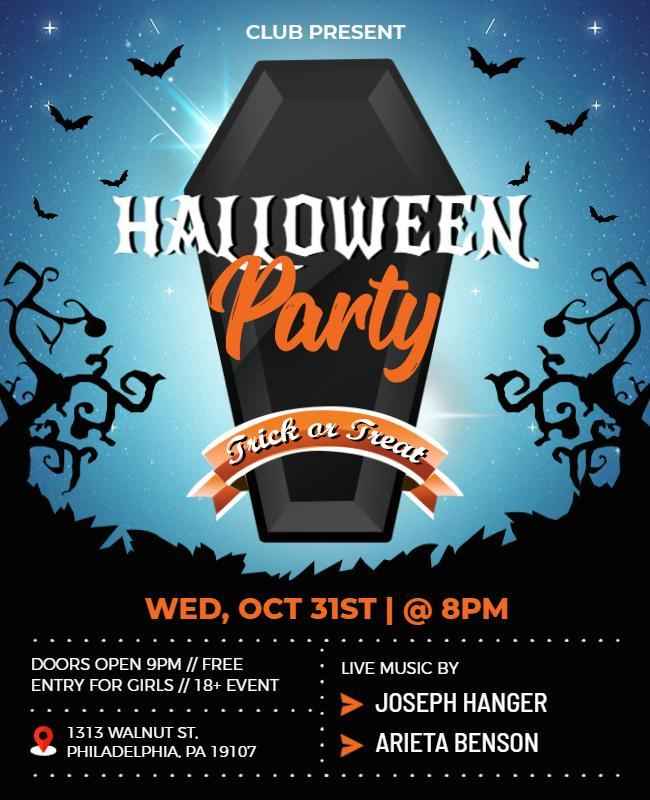 Spooky Halloween party flyer with eerie graphics, pumpkins, and event details