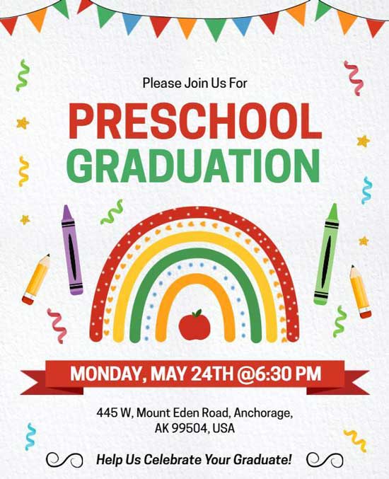 Hand-Drawn Preschool Graduation Flyer Featuring Creative Design and Graduation Event Details