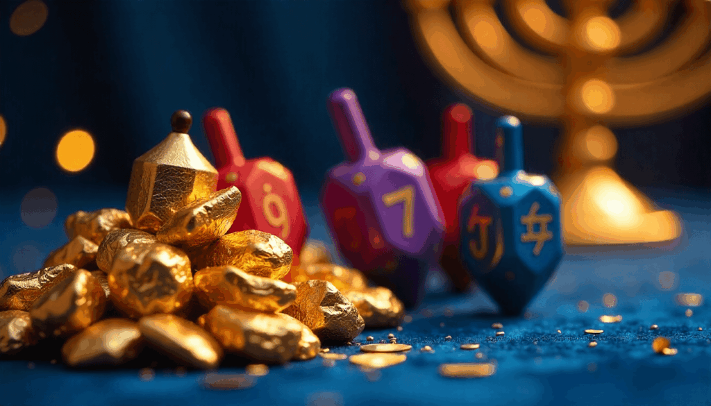 hanukkah gelt and dreidels still life