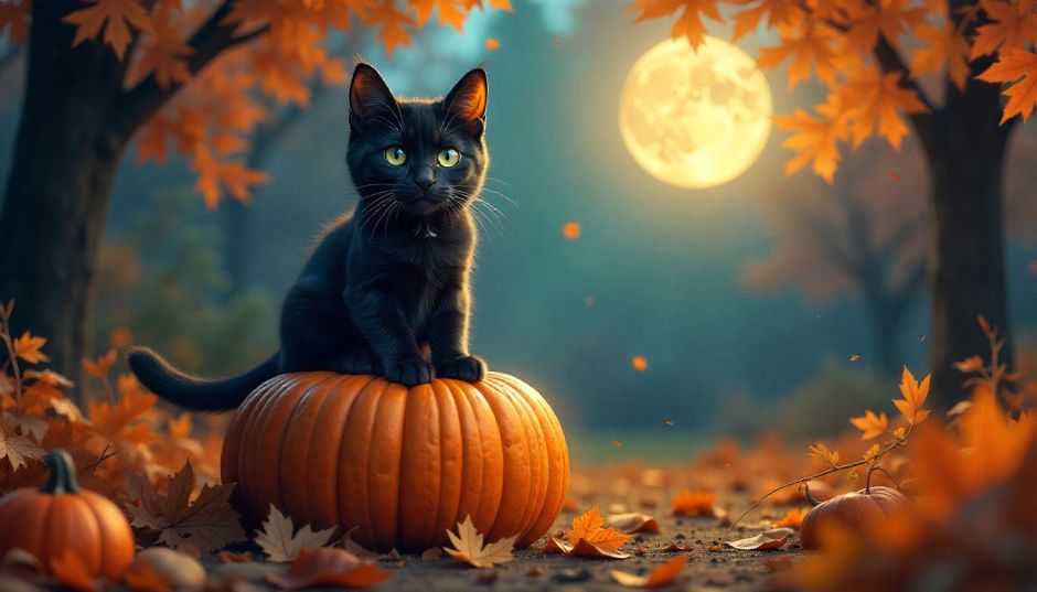 happy black cat on pumpkin