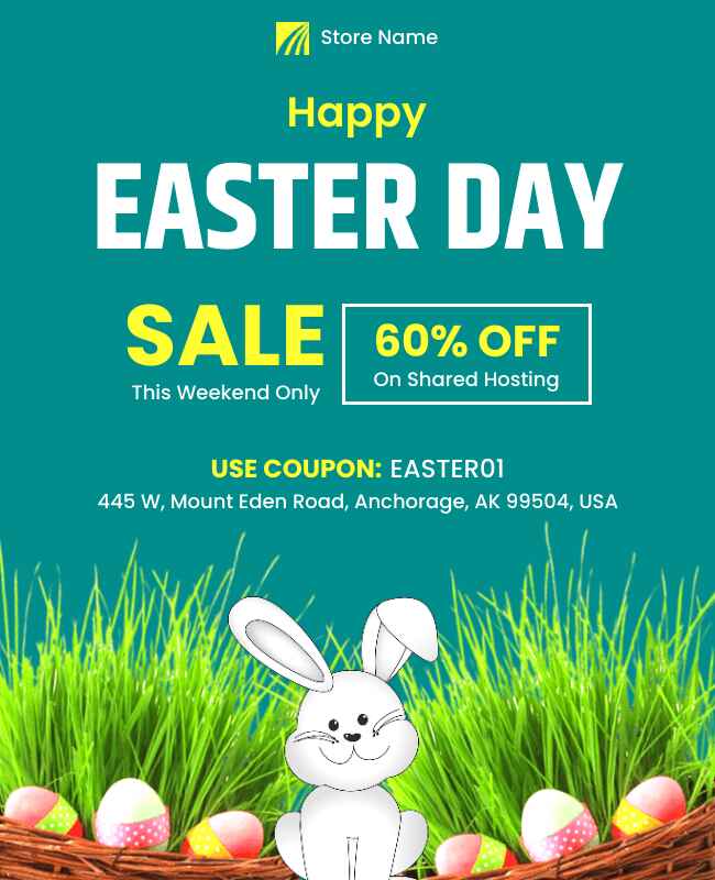 Easter sale flyer with festive visuals, cheerful design, and promotional offers.