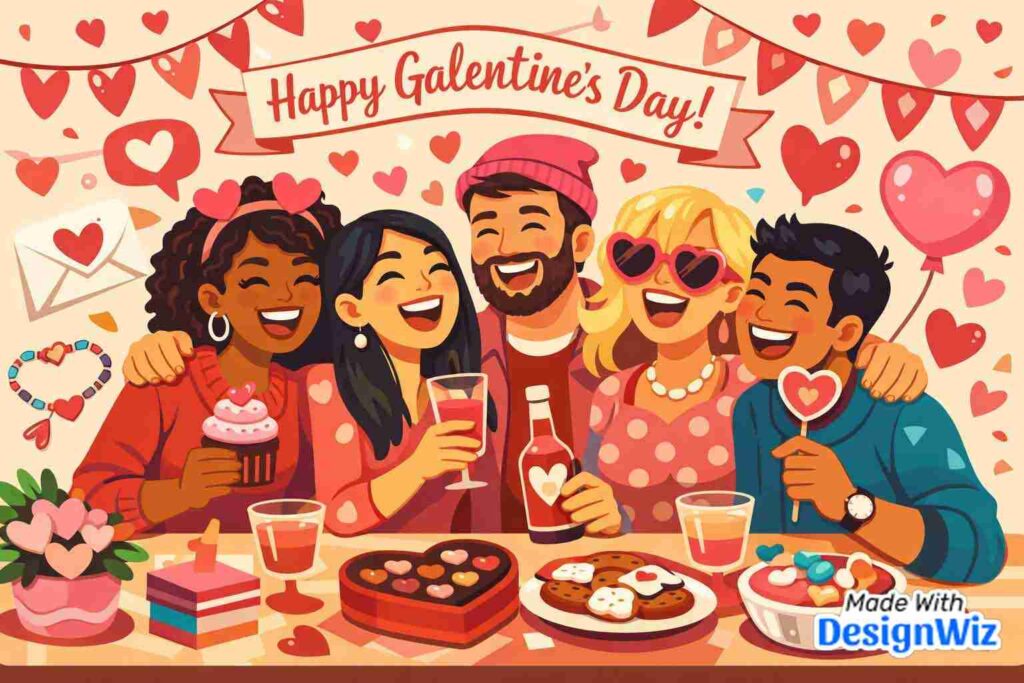 happy valentines day image friend group laughing together