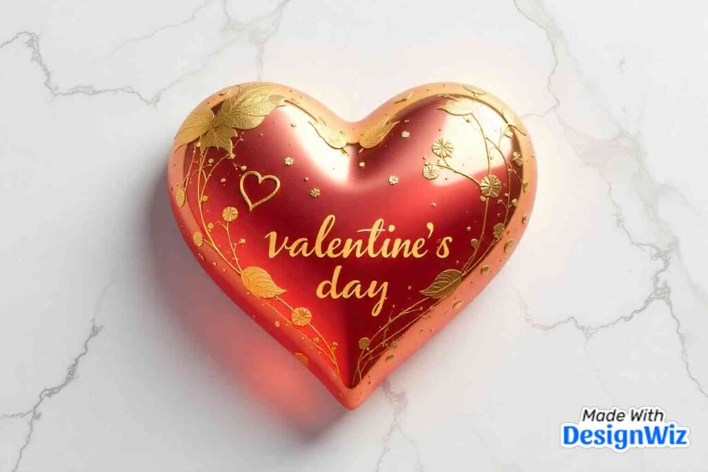 happy valentines day image in gold-leafed heart on marble surface