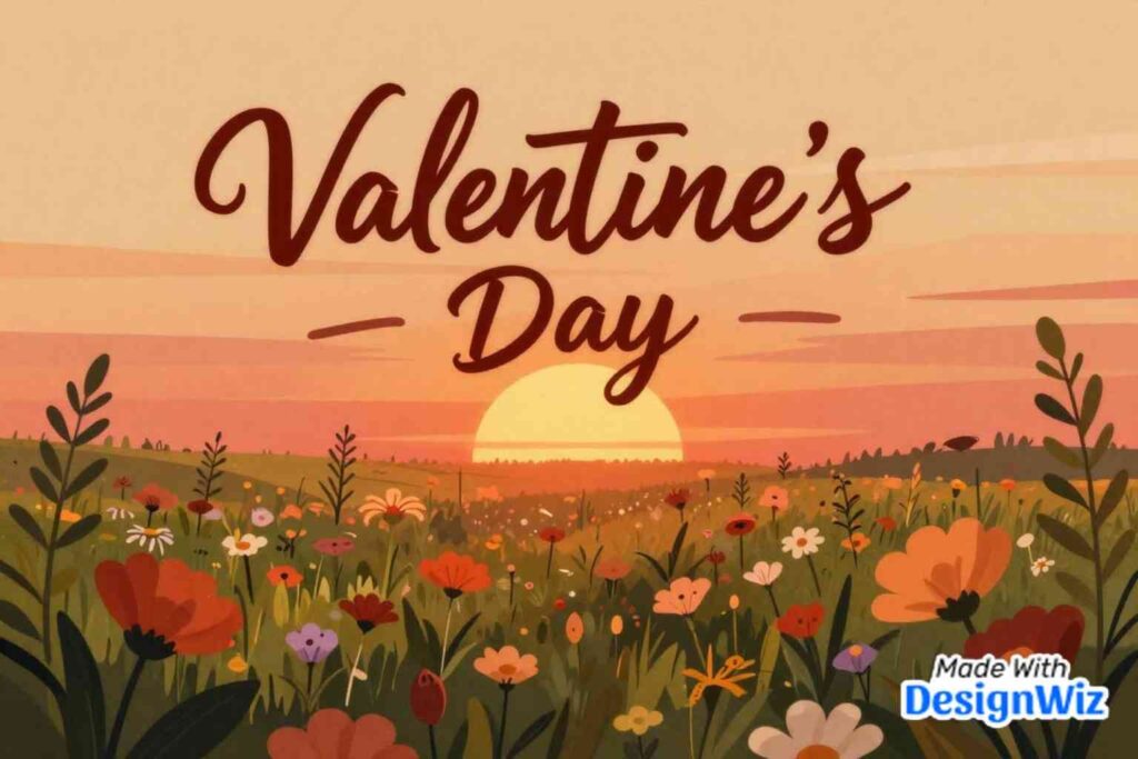 happy valentines day image sunset over flower field with romantic atmosphere
