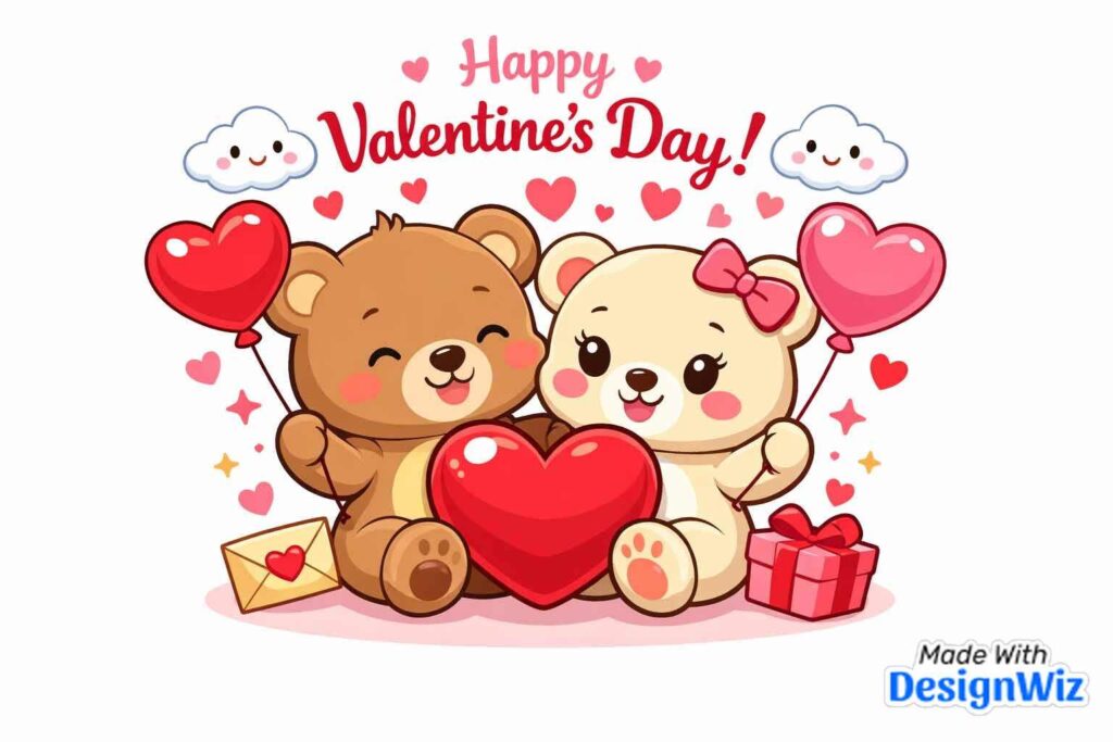 happy valentines day image with adorable cartoon bears holding balloon
