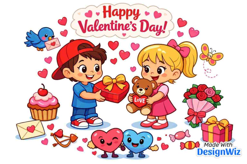 happy valentines day image with colorful cartoon characters exchanging gifts