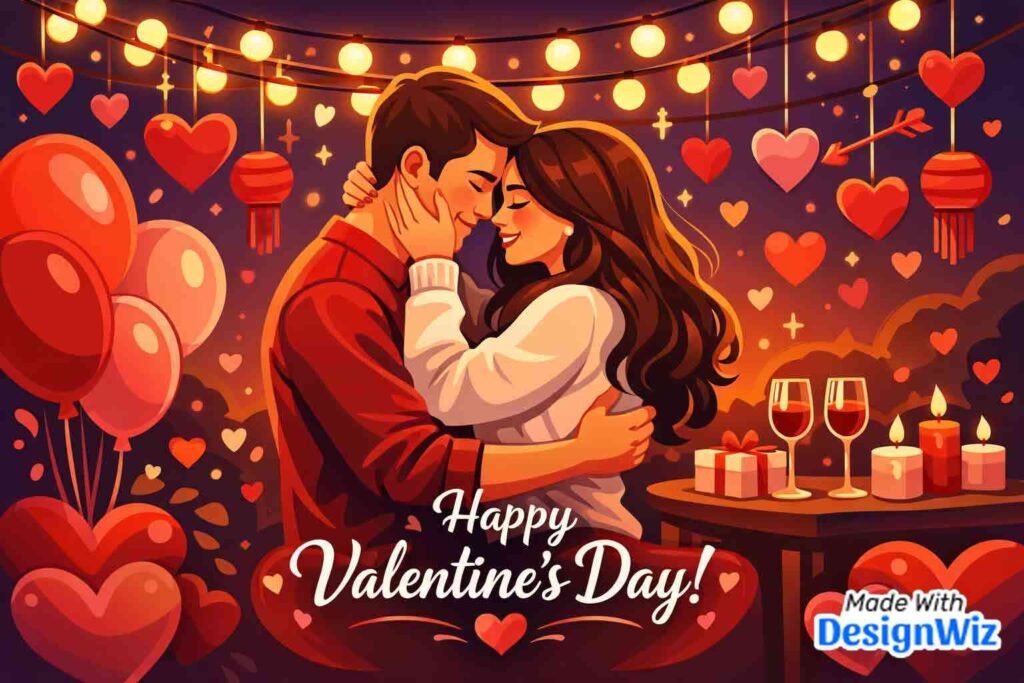 happy valentines day image with couple under string lights