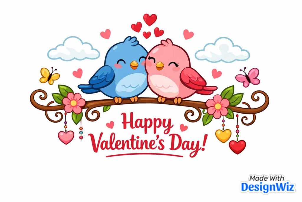happy valentines day image with illustrated birds