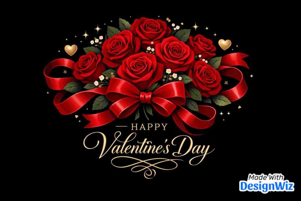 happy valentines day image with luxury red roses and elegant ribbon