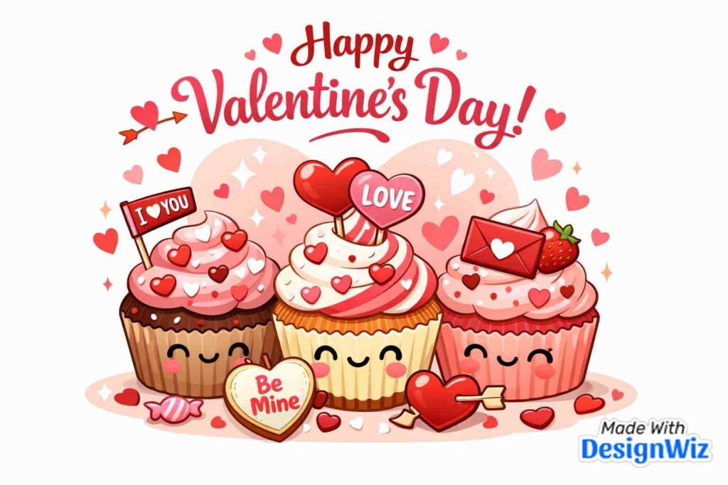 happy valentines day image with sweet cupcakes and hearts