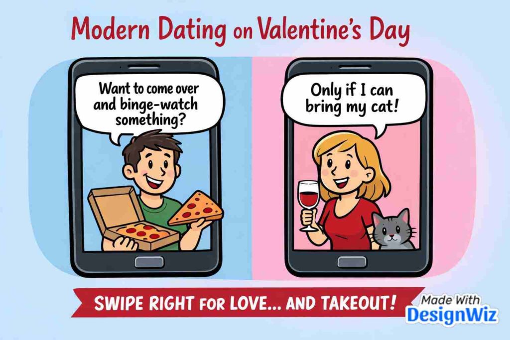 happy valentines day image with witty cartoon about modern dating