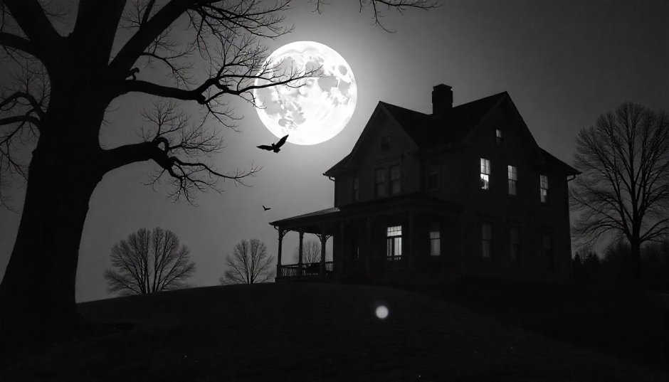 haunted house silhouette black and white picture