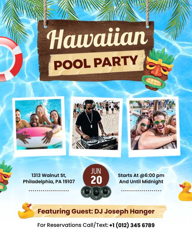 Family-friendly pool party flyer with playful graphics and inviting details for all ages