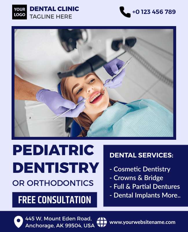 Dentist flyer promoting orthodontic services with braces, Invisalign, and free consultation