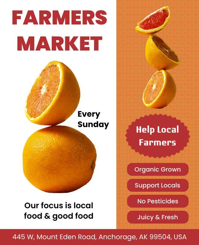 Support local farmers market flyer with colorful produce and bold text.