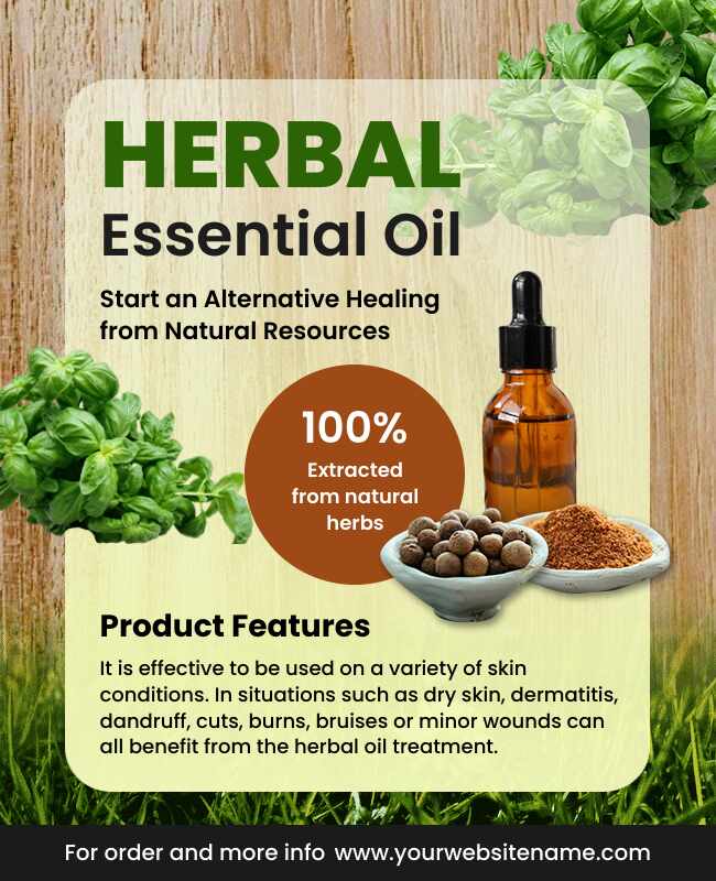 Herbal essential oils flyer featuring natural ingredients and a botanical style.