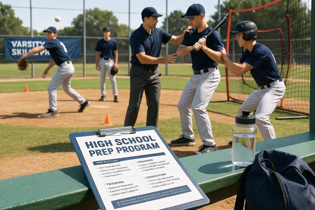 A group of young athletes practices baseball, with a sign indicating High School Prep Program.