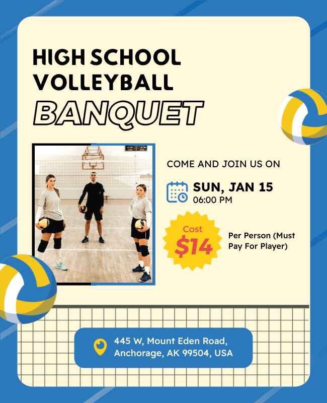 Volleyball banquet flyer template with vibrant design for a school event.