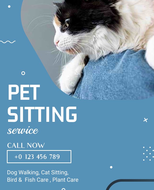 A bohemian-style blue flyer promoting pet sitting services.