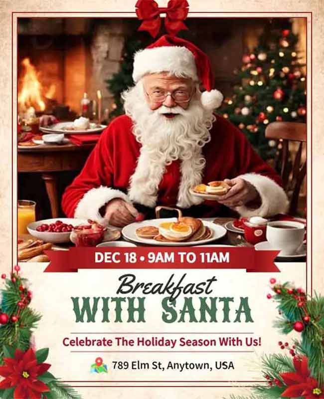 Holiday Breakfast with Santa Event Flyer with Cheerful Design and Festive Details